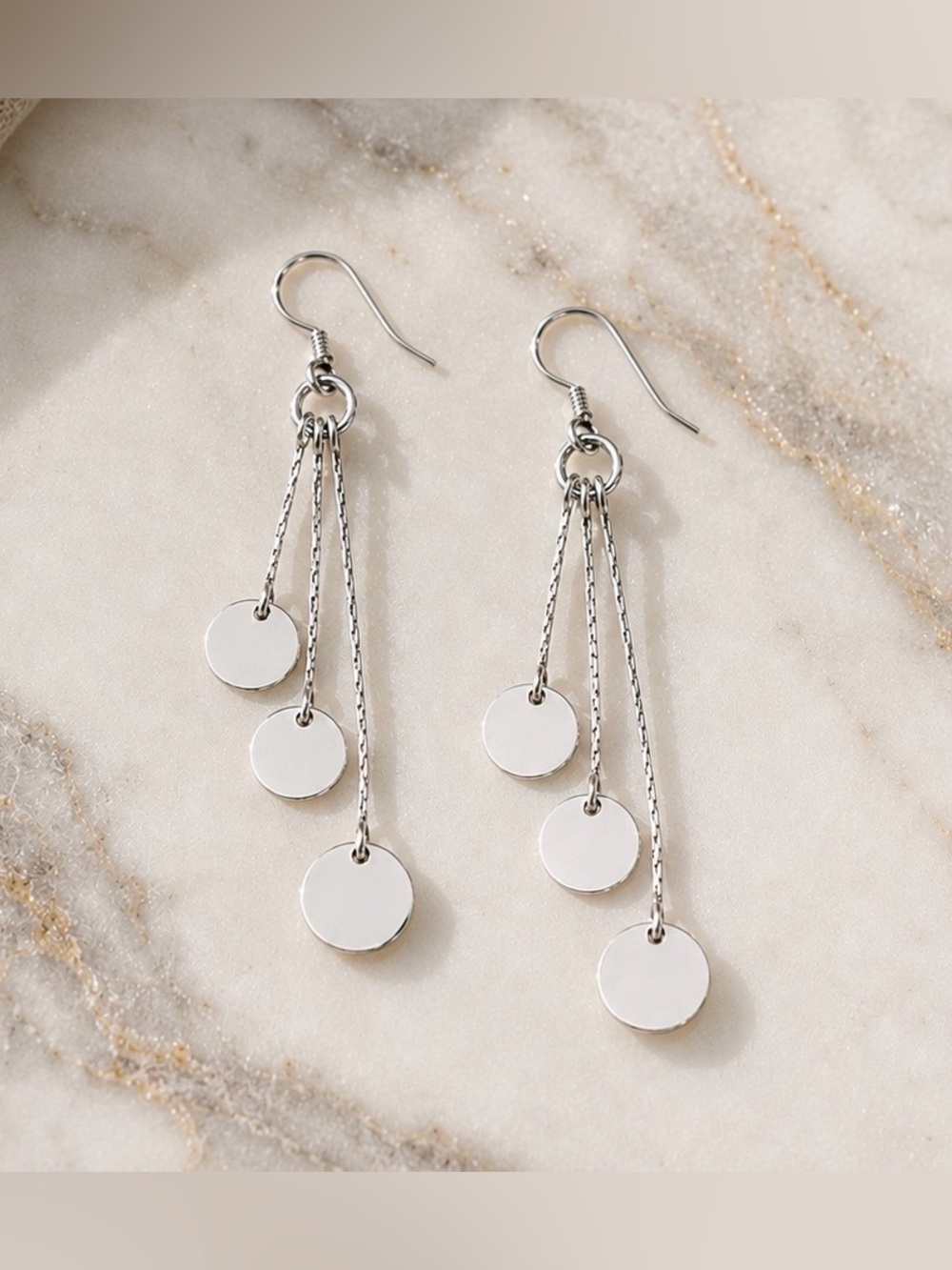 Silver Tone Disc Drop Dangle Earrings Long Chain Boho Minimalist Statement